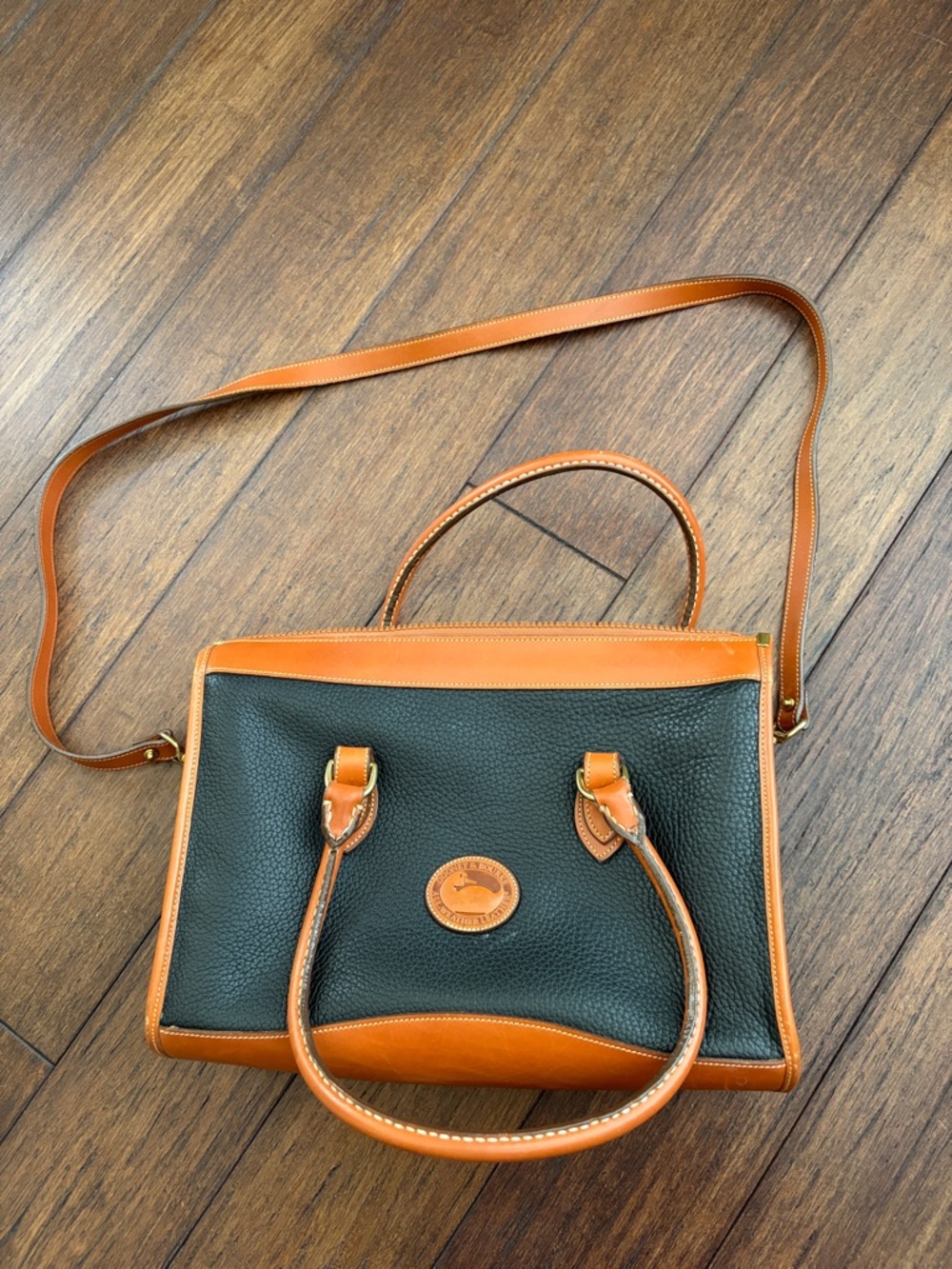 Dooney & Bourke Black Pebbled Leather Satchel with Tan Trim